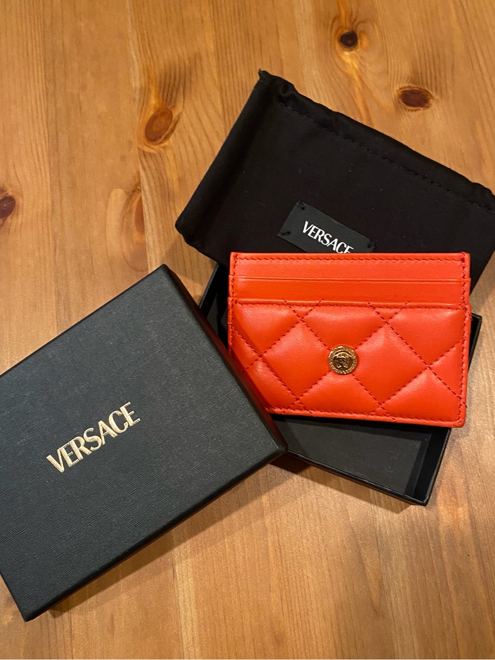 Versace Quilted Orange Medusa Leather Card Holder with Box and Dust Bag